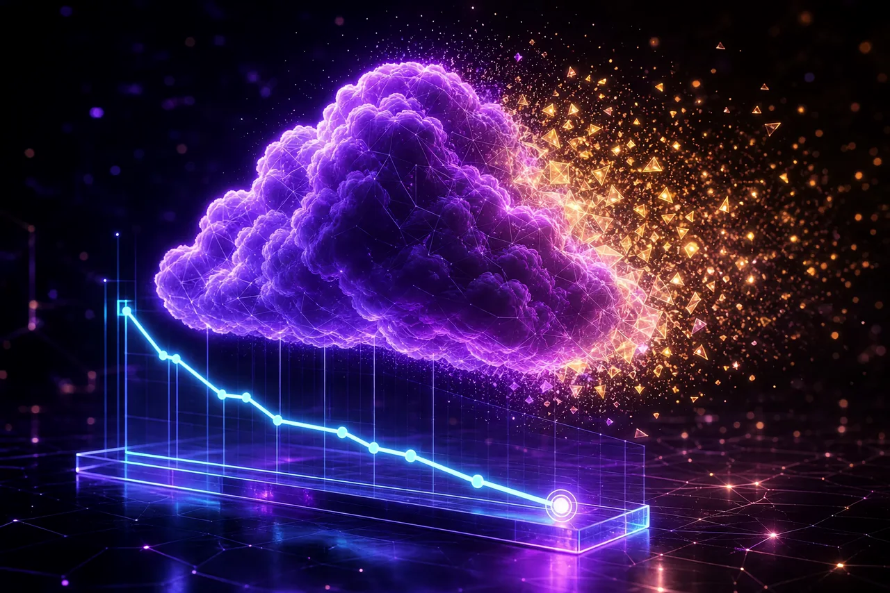 A glowing violet cloud above a declining cost graph, visualizing active cloud spend optimization.