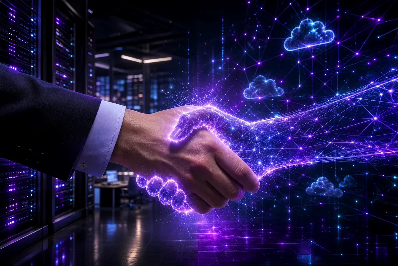 A human hand and a glowing violet AI network construct's hand shaking, symbolizing a co-managed IT partnership.