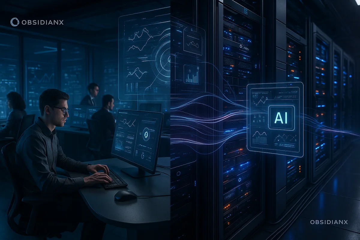 In-house IT staff and a managed services partner working together in a modern network operations center.