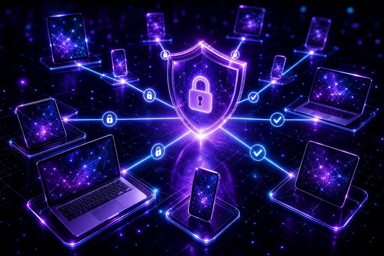 Multiple remote devices each connected by a secure verified beam to a central glowing violet shield, visualizing zero-trust security.