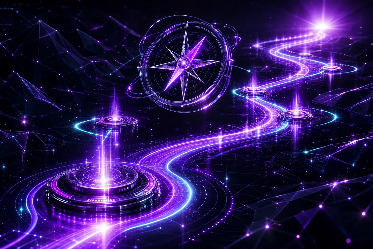 A glowing violet compass above a winding strategic roadmap with lit milestone nodes, visualizing IT planning.