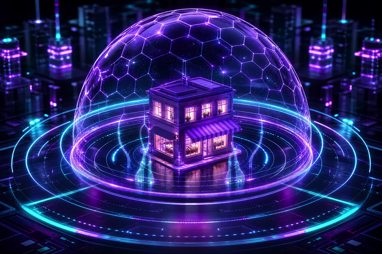 A small glowing violet storefront protected within a hexagonal dome of enterprise-grade managed IT security.