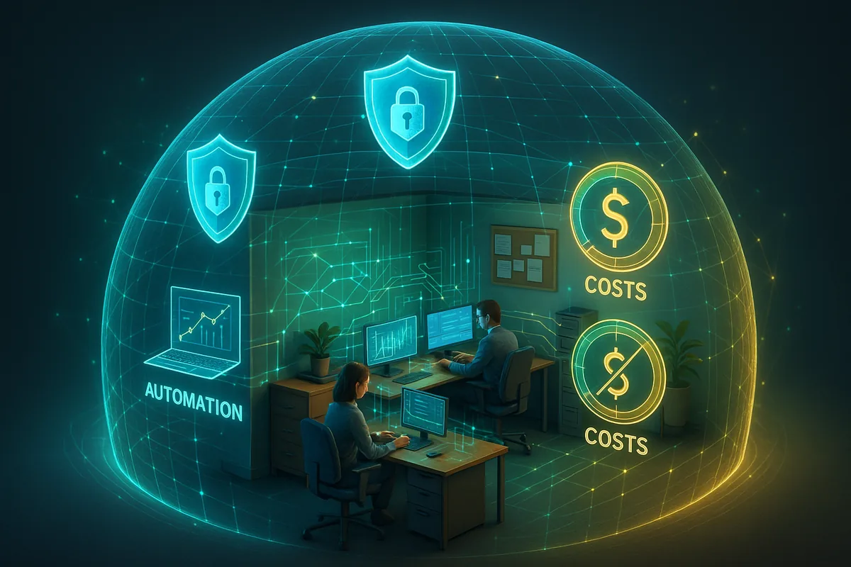 A small business protected by managed IT services, representing security and cost savings.