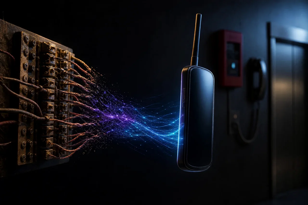 Aging copper telephone wiring transitioning into a modern wireless communicator device near a fire alarm panel and elevator phone.