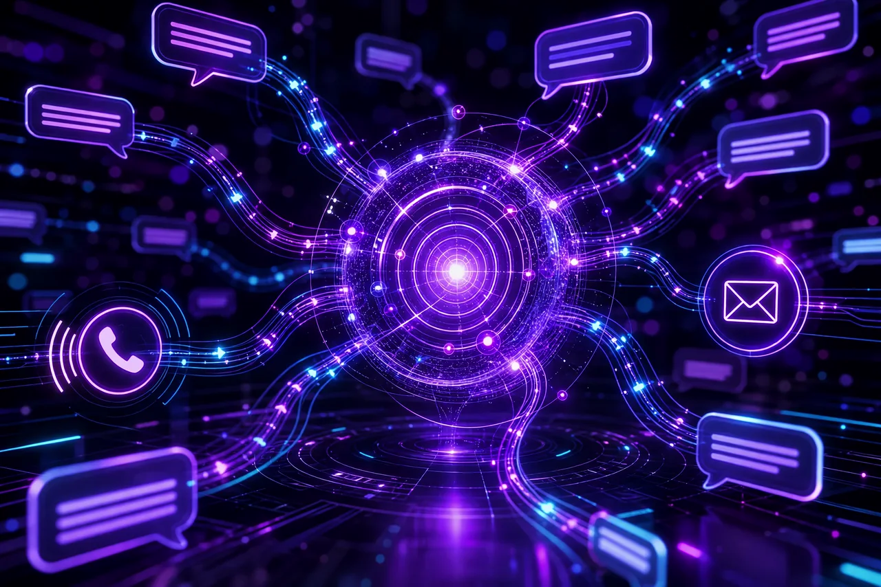 A glowing violet AI hub simultaneously handling multiple customer conversation channels: chat, phone, and email.