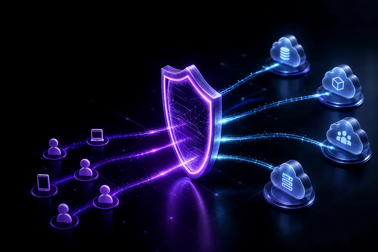 A glowing violet zero trust security shield verifying individual users and devices before granting scoped access to distinct cloud application nodes.