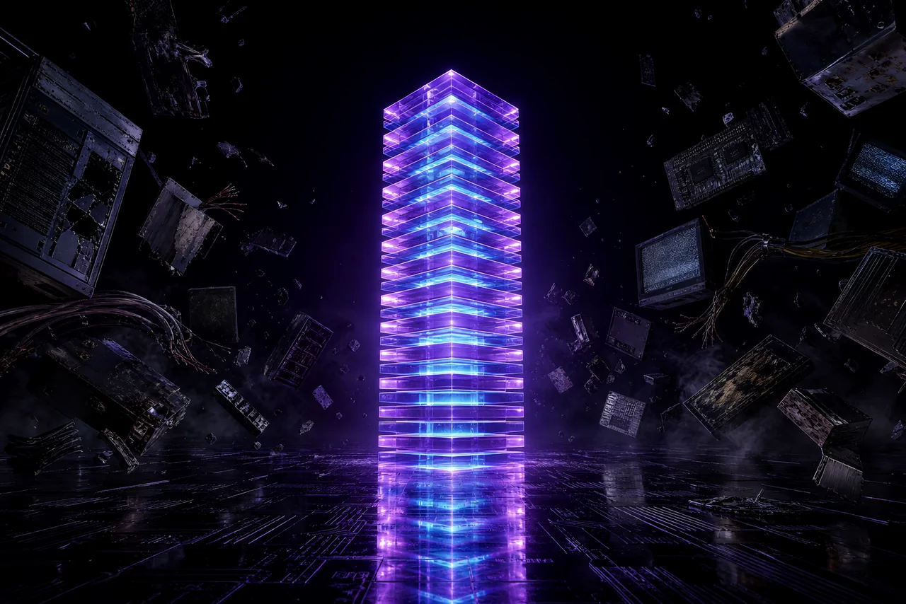 A glowing crystalline tower of unified violet and cyan glass slabs standing amid a suspended storm of dead, mismatched legacy hardware, symbolizing standardization.