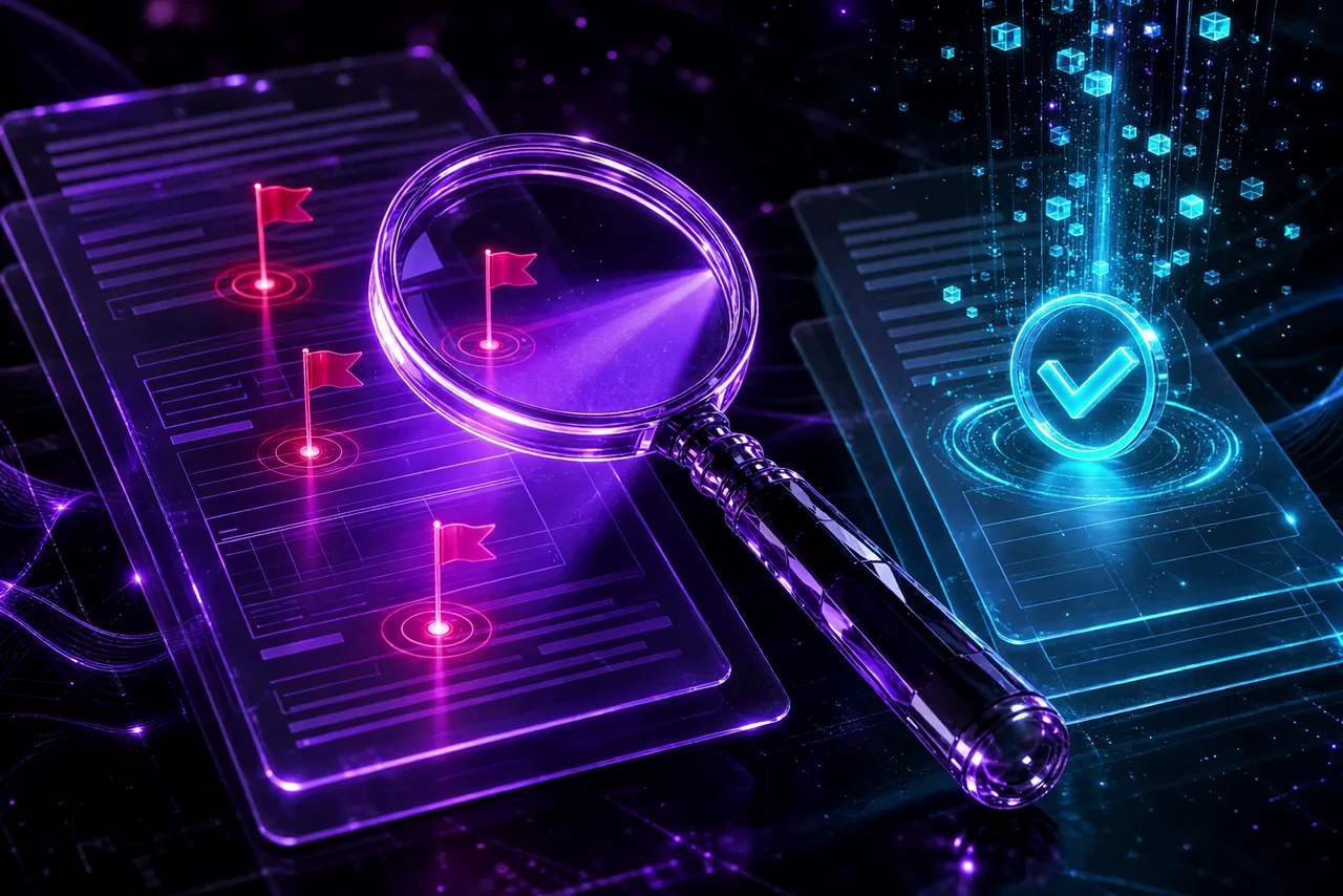 A glowing violet magnifying glass examining invoice documents, surfacing hidden-fee flags and a savings checkmark.