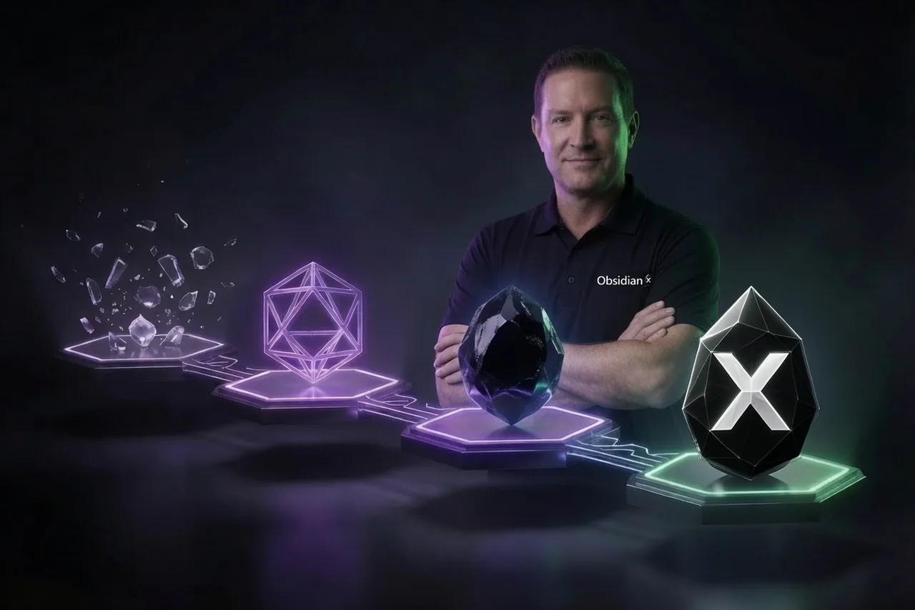 Brandon Stone beside a glowing four-stage roadmap: scattered crystal shards assemble into a wireframe form, then a faceted stone, and finally the ObsidianX gem