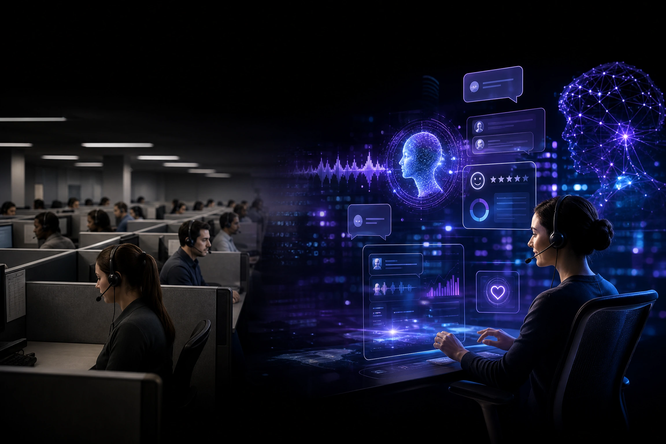 A traditional headset call center floor transitioning into a modern AI-assisted cloud contact center interface with waveform glow.