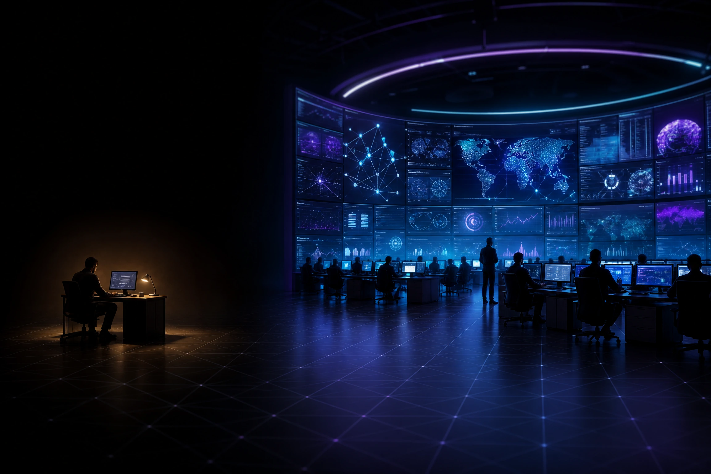 A lone technician at a single desk contrasted with a glowing 24/7 network operations command wall.
