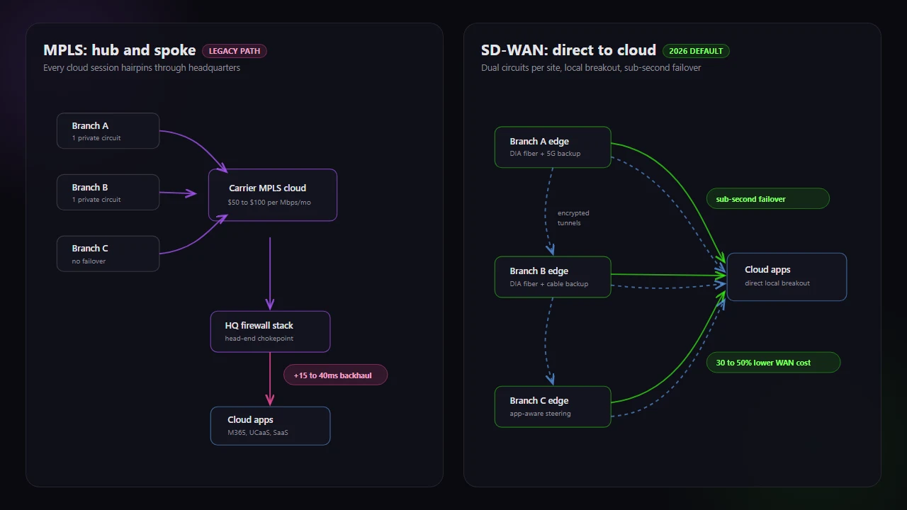 Side-by-side architecture comparison: MPLS hub-and-spoke design backhauls all branch cloud traffic through a headquarters firewall, while SD-WAN branches use dual internet circuits with encrypted tunnels and connect directly to cloud applications.