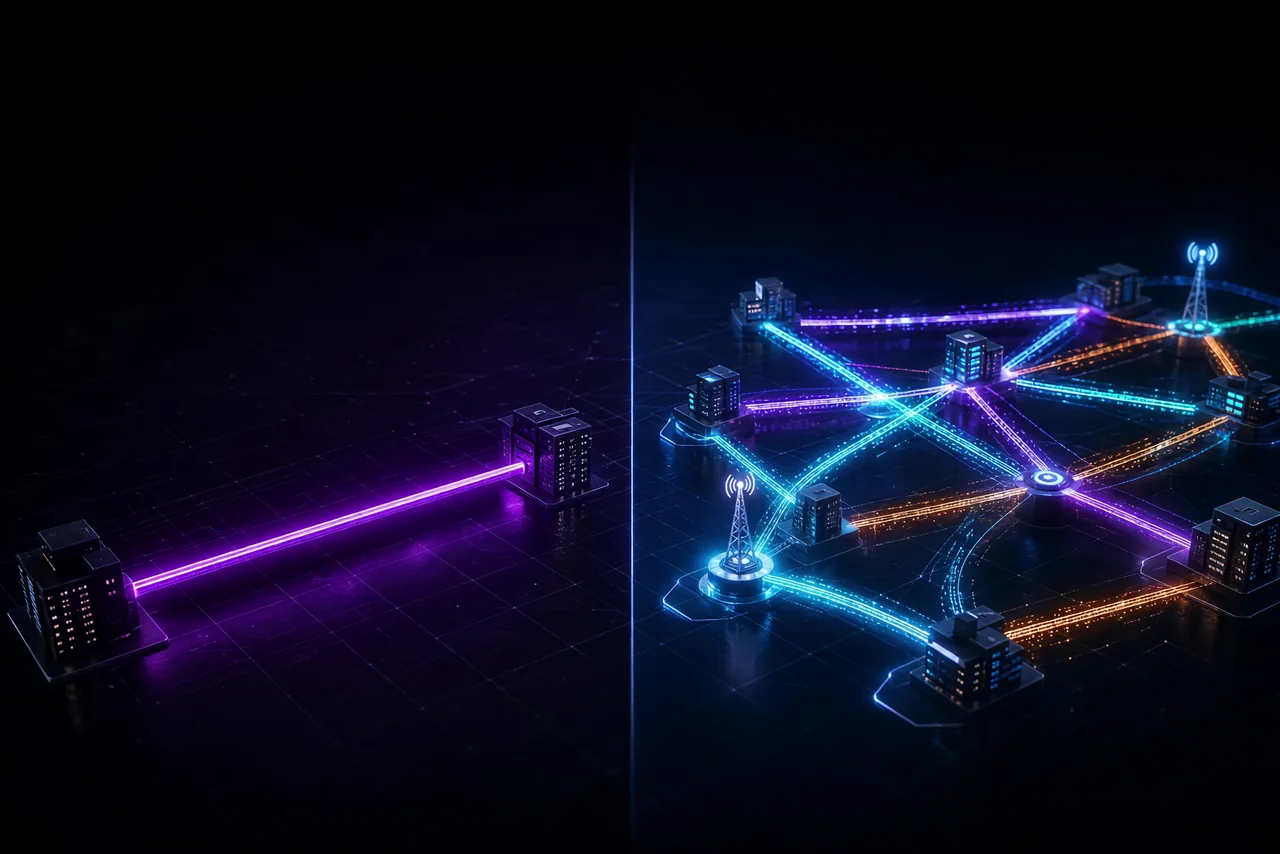 A rigid single private MPLS circuit contrasted with an intelligent SD-WAN mesh routing traffic across multiple diverse paths.