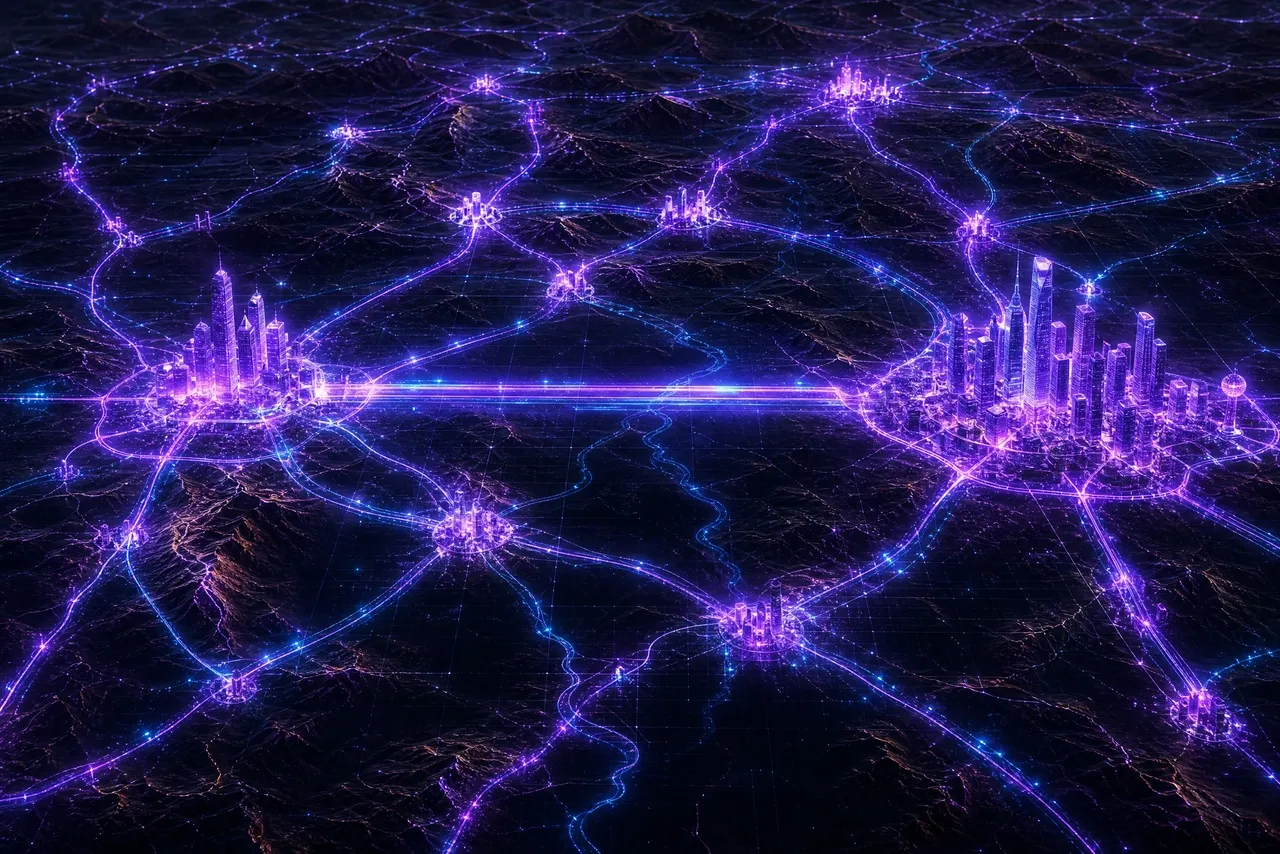 A glowing violet network map of the Dallas-Fort Worth metroplex, with two anchor city towers connected by a bright network beam and smaller nodes across the surrounding region