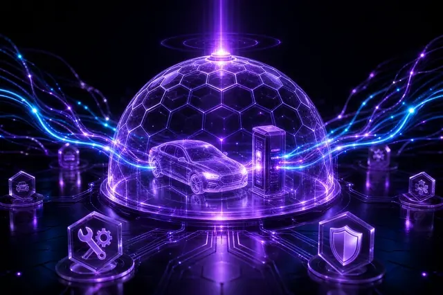 A glowing violet vehicle inside a protective hexagonal dome, with inbound claims call streams flowing to a service hub and a trusted signal beacon above.