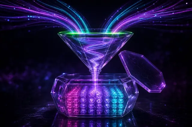 Glowing inbound call streams converging into a violet funnel and crystallizing as preserved records inside a shielded glass vault.