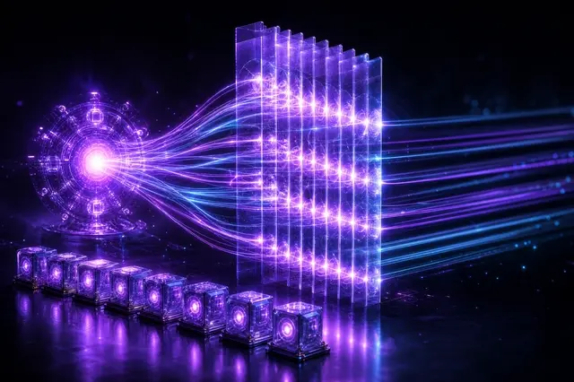 A glowing violet dialing hub whose outbound call streams pass through a translucent compliance gate, above a row of crystalline recording vaults.