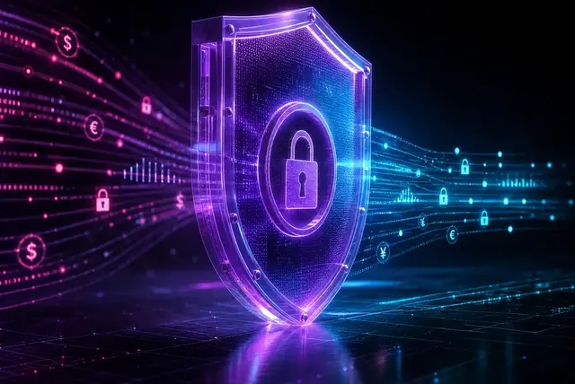 A translucent violet security shield with a lock at its core, holding back and filtering encrypted financial data streams.