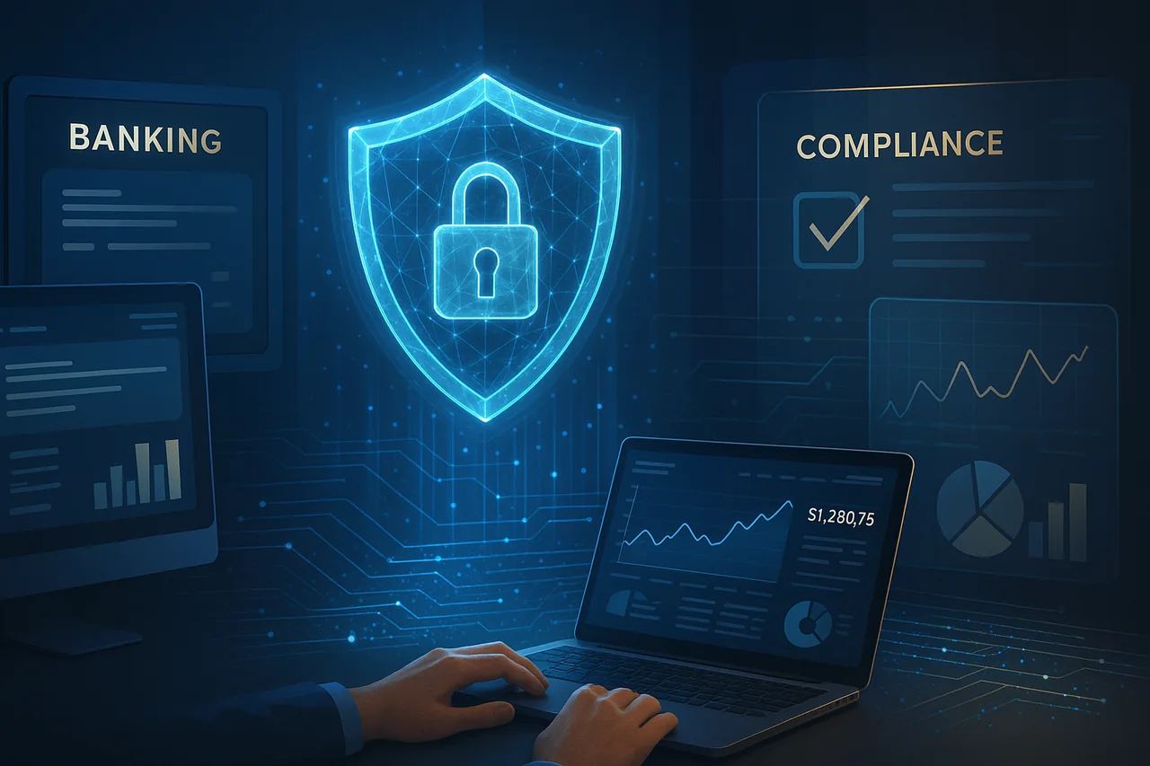 Banking compliance dashboard with a glowing security shield over financial analytics