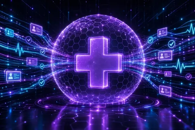 A glowing violet medical cross within a protective hexagonal sphere, surrounded by secure patient record icons and heartbeat waveforms.