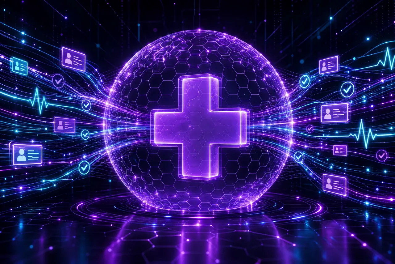 A glowing violet medical cross within a protective hexagonal sphere, surrounded by secure patient record icons and heartbeat waveforms.