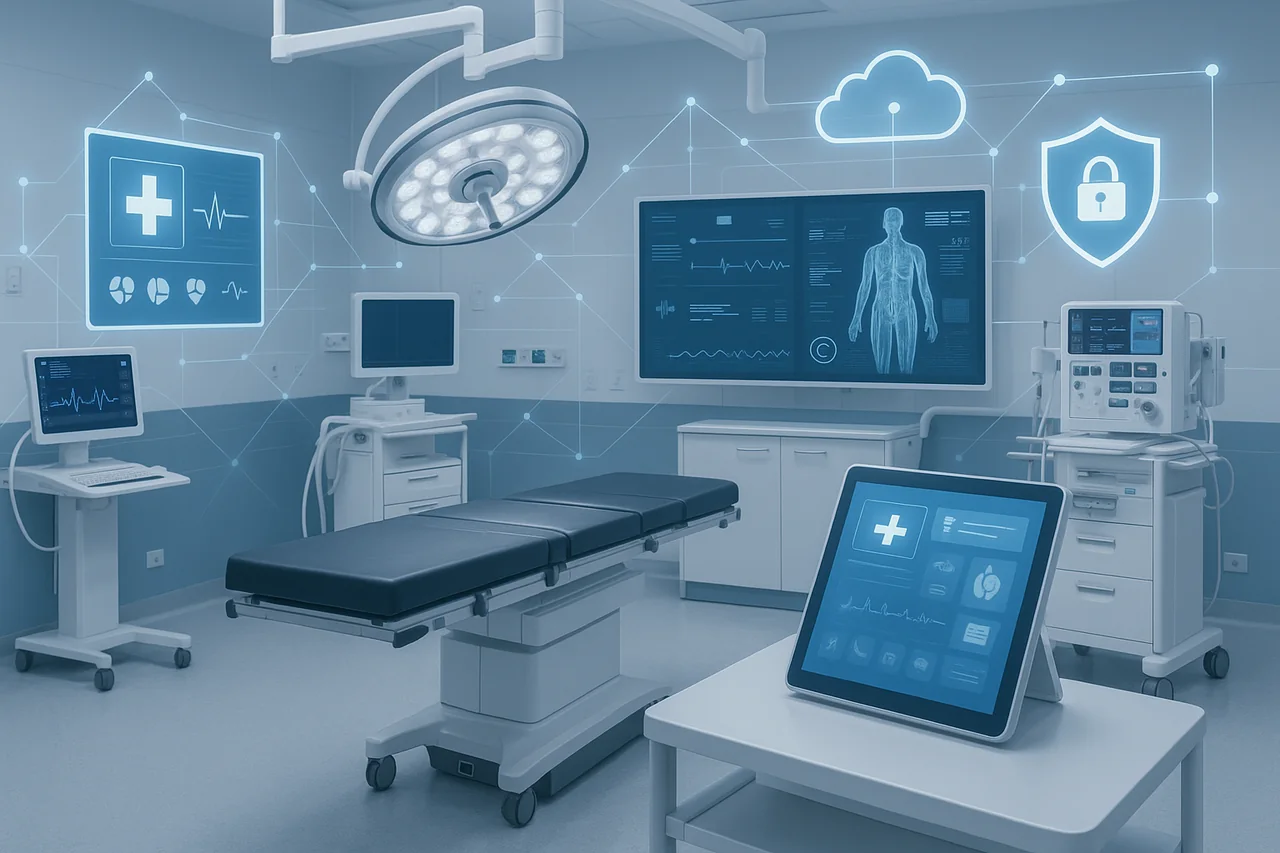 Modern operating room with connected medical displays and secure health IT screens