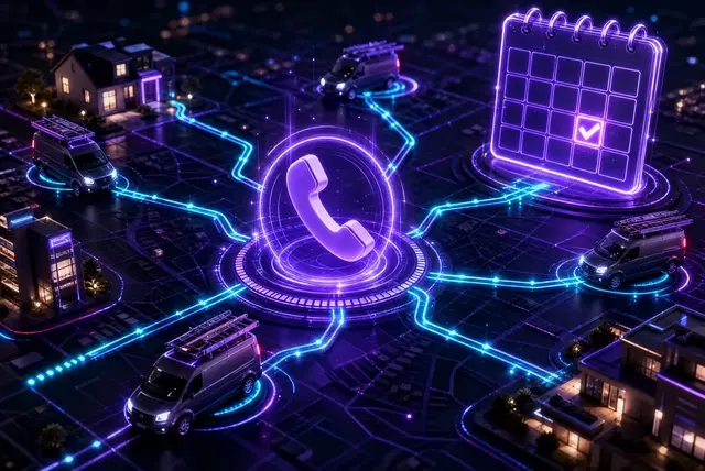 A glowing violet phone icon at the center of a dispatch network connecting service vans, a home, and a booking calendar.