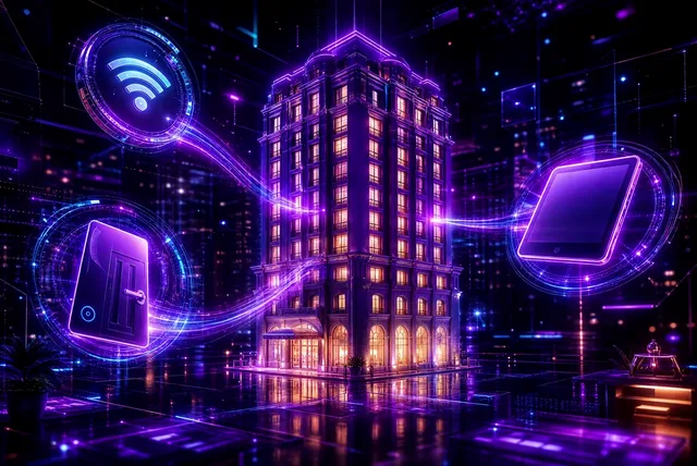 A glowing violet hotel tower with warmly lit rooms, connected by flowing streams of light to guest Wi-Fi, keyless room entry, and concierge tablet emblems.