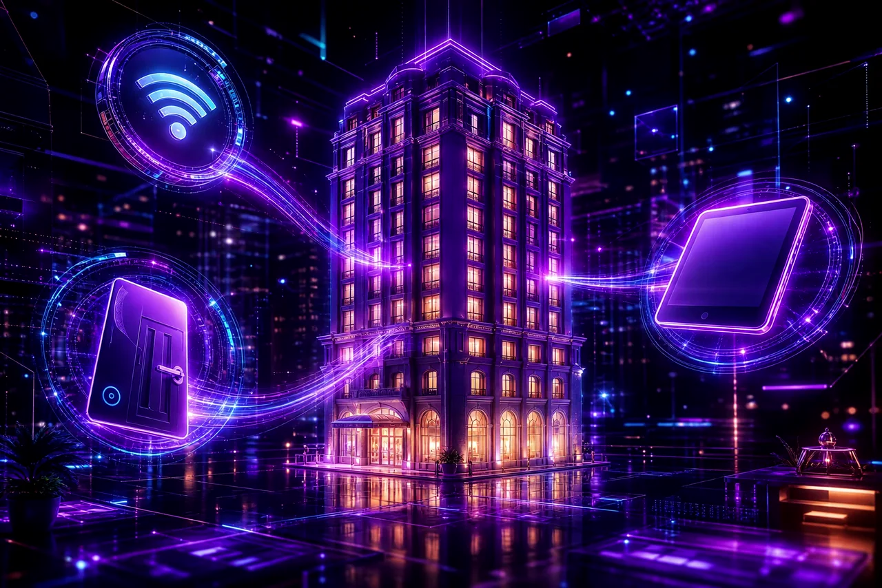 A glowing violet hotel tower with warmly lit rooms, connected by flowing streams of light to guest Wi-Fi, keyless room entry, and concierge tablet emblems.