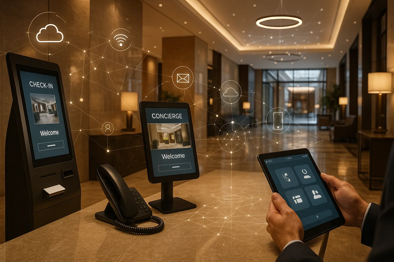 Hotel lobby with self-service check-in kiosks and a guest tablet for concierge services