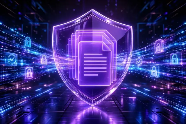 A glowing violet shield protecting a stack of policy documents, with secure data streams flowing through on both sides.