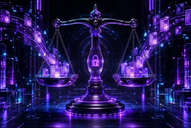 A glowing violet scale of justice gently weighing streams of encrypted legal document and padlock icons flowing into each side.