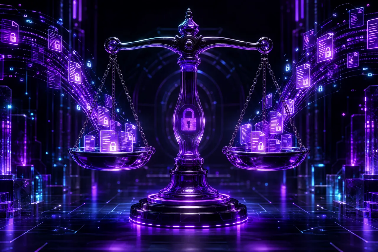 A glowing violet scale of justice gently weighing streams of encrypted legal document and padlock icons flowing into each side.