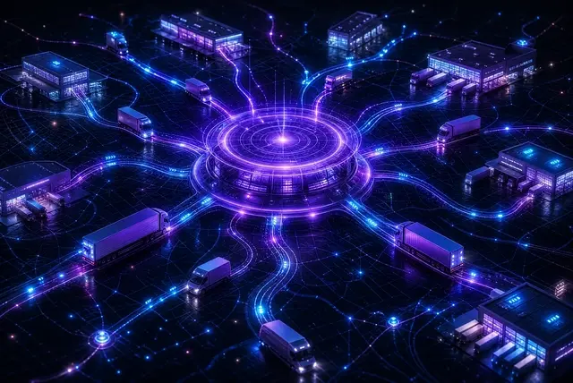 A glowing violet dispatch hub with routes extending to delivery trucks and warehouse nodes across a connected logistics network.