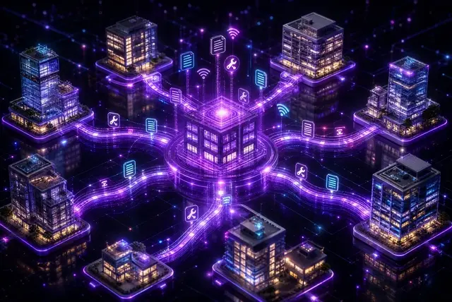 A glowing violet central hub connecting a network of surrounding buildings with data and utility icons flowing between them.