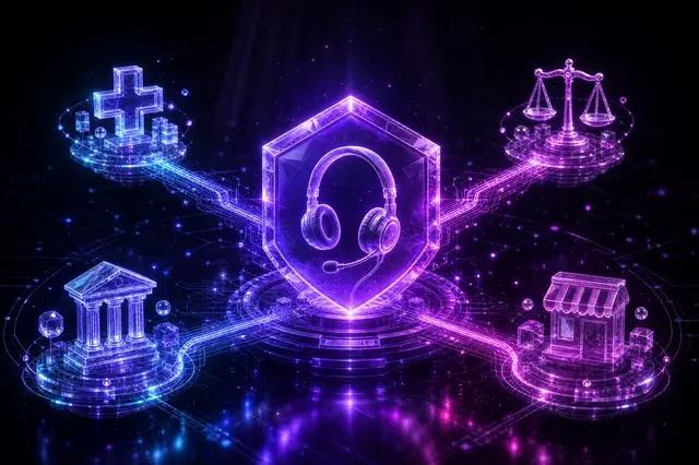 A glowing violet headset inside a hexagonal compliance shield, with four network branches radiating to four connected industry node clusters.
