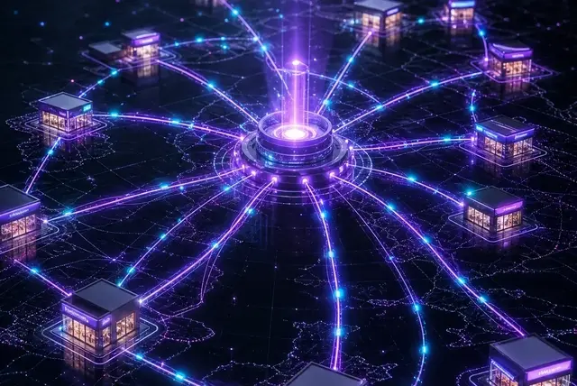 A network of glowing storefronts across multiple locations, each linked by resilient connection lines back to a single central managed hub.