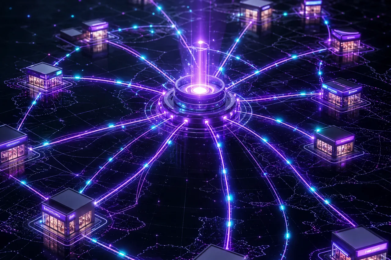 A network of glowing storefronts across multiple locations, each linked by resilient connection lines back to a single central managed hub.