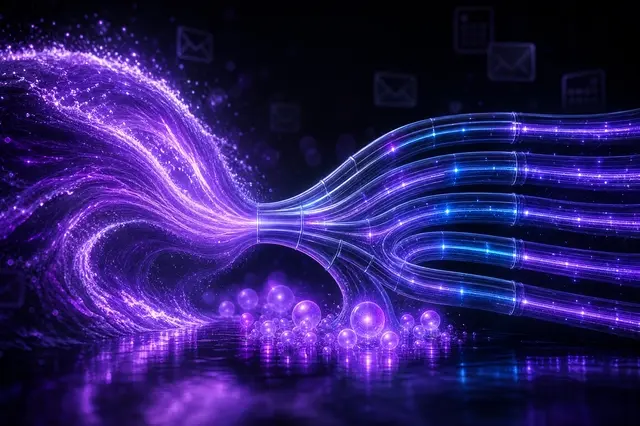 A surging violet wave of incoming calls absorbed by an elastic structure of expanding glass queue channels with callback orbs pooling beneath.