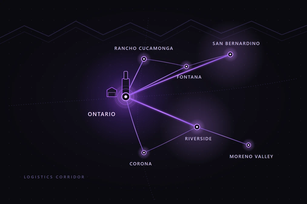 A glowing violet network map of the Inland Empire, with anchor nodes for Ontario, Rancho Cucamonga, Fontana, San Bernardino, Riverside, Moreno Valley, and Corona connected by bright network beams