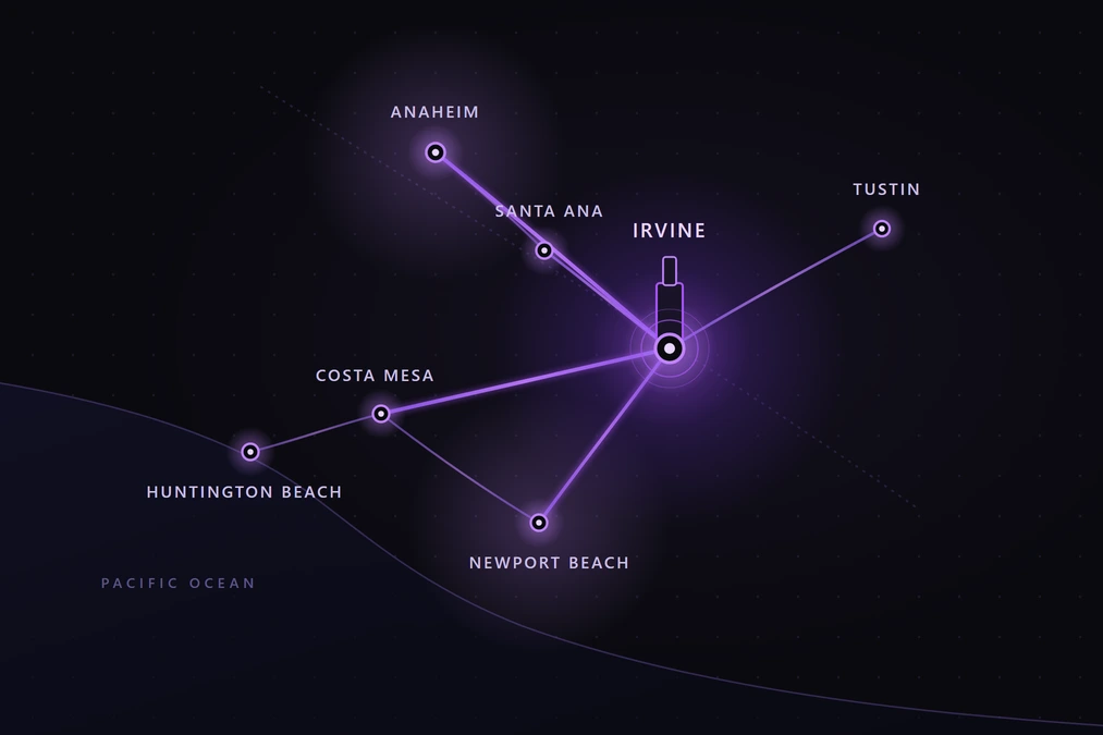 A glowing violet network map of Orange County, with anchor nodes for Irvine, Anaheim, Santa Ana, Costa Mesa, Newport Beach, and Huntington Beach connected by bright network beams