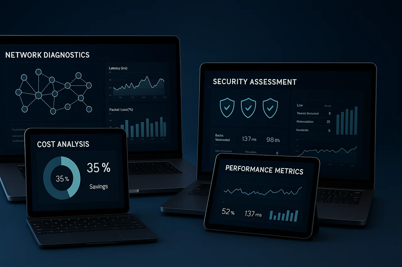 Laptops displaying security assessment, cost analysis, and performance metric dashboards