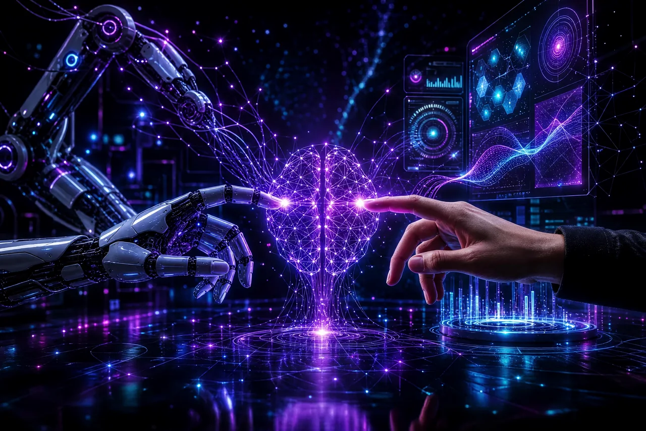 A robotic hand and a human hand reaching toward a glowing violet neural network construct suspended between them, symbolizing human and AI collaboration.