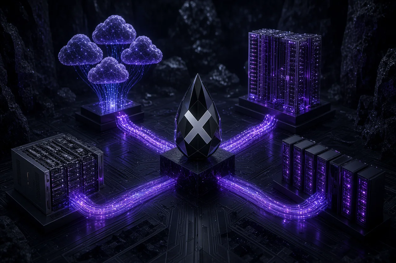 Obsidian X smoky charcoal transparent crystal teardrop with an embedded silver X at the center of an enterprise cloud interconnect fabric linking multi cloud, bare metal GPU clusters, and global data centers