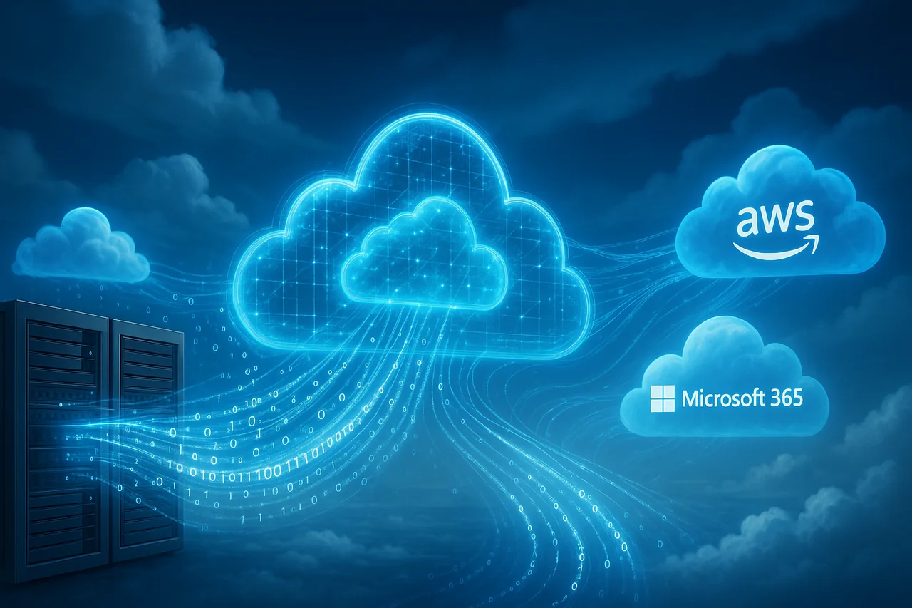 Glowing cloud icons for AWS and Microsoft 365 flowing above a data center rack