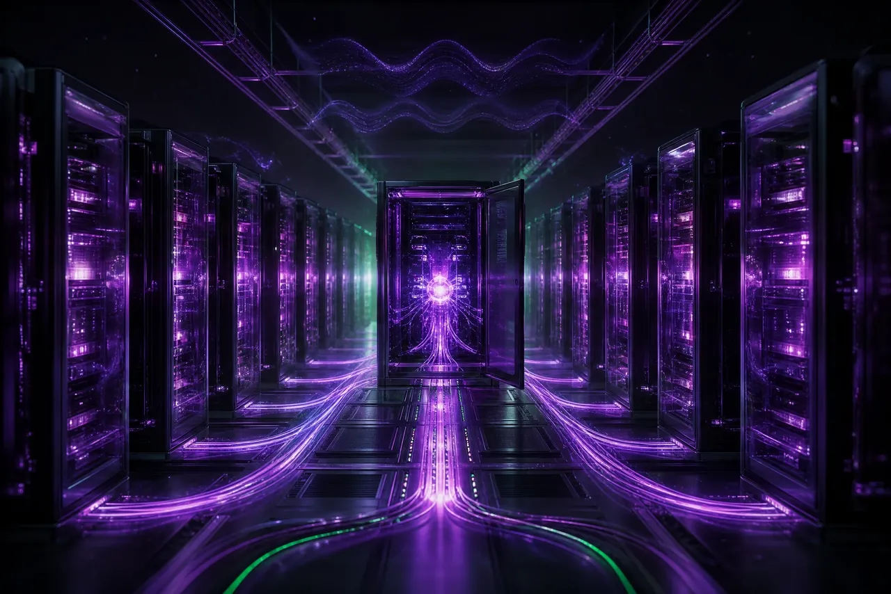 A corridor of glowing violet server rack cabinets in a dark data center, with a radiant energy core in the central cabinet feeding luminous fiber pathways that connect every rack.