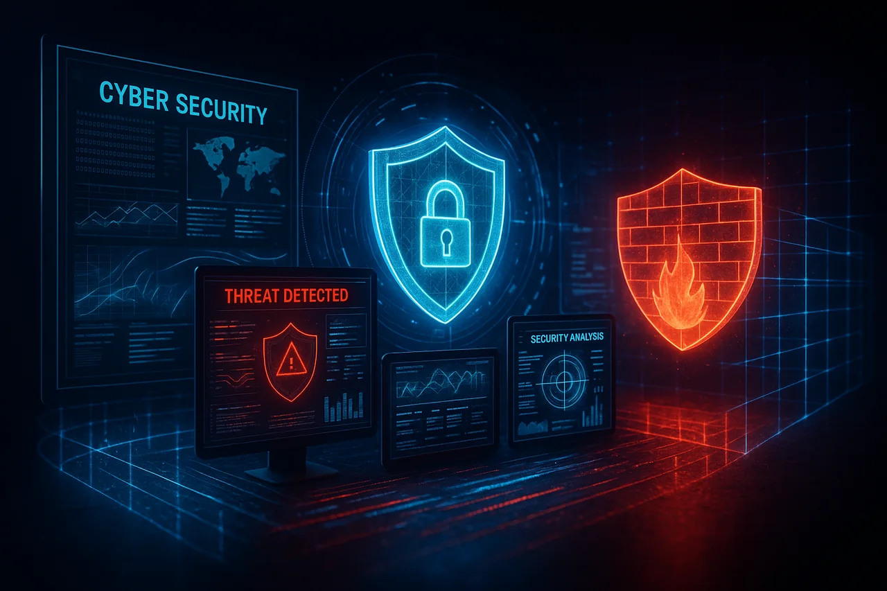 Cybersecurity operations dashboards with glowing shield icons and a threat detection alert