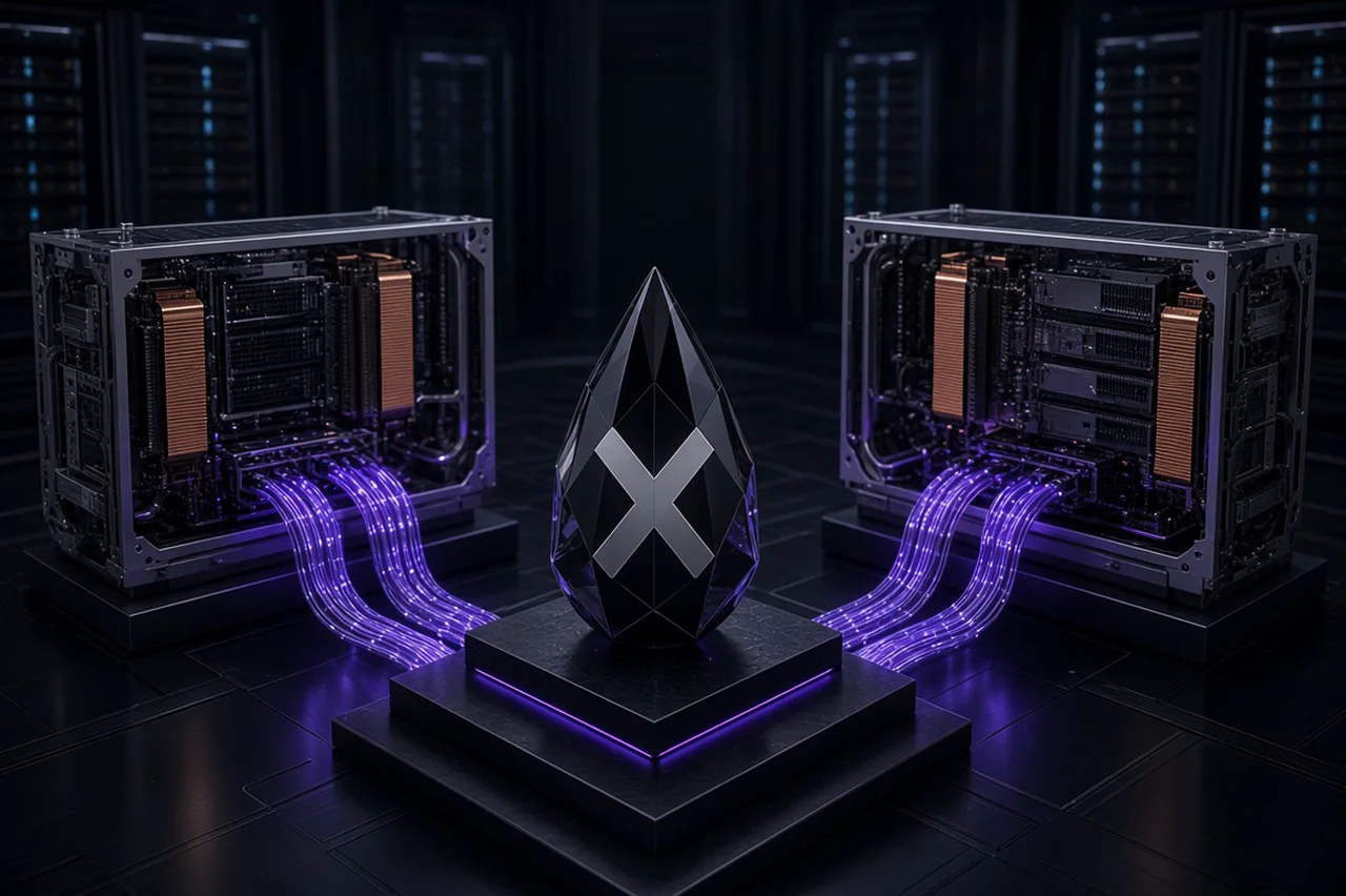 Obsidian X crystal emblem connected via glowing violet fiber optics to single tenant bare metal NVIDIA GPU racks and Latitude.sh compute clusters