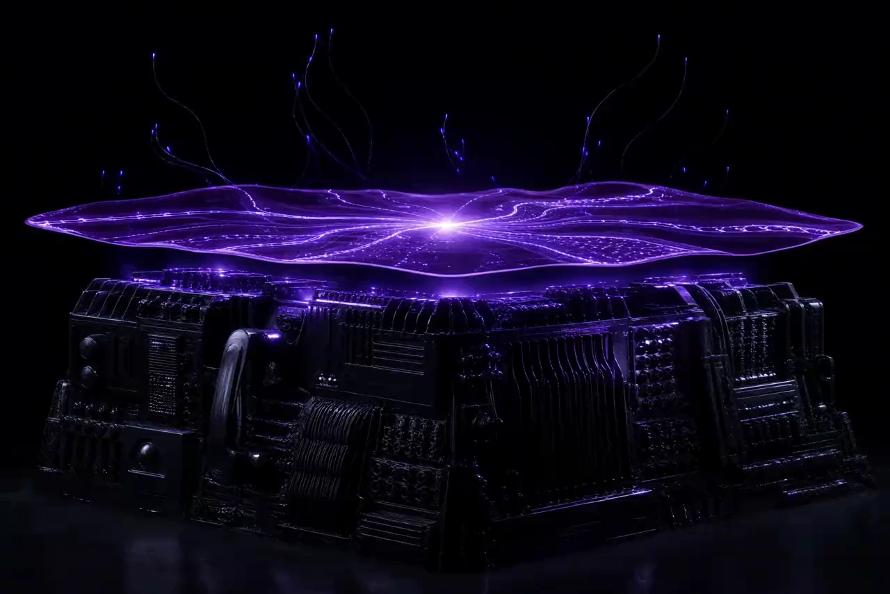 A dark monolithic block of fused legacy contact center hardware with a thin translucent sheet of violet light hovering just above it, luminous veins flowing outward across the sheet from a single bright core while fine glowing fibers rise into the darkness