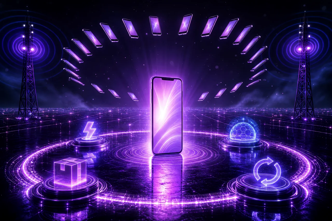 A single glowing smartphone at the center of a lifecycle ring with stations for procurement, provisioning, secure device management, and certified recycling, a managed fleet holding formation above, and carrier towers signalling on either side